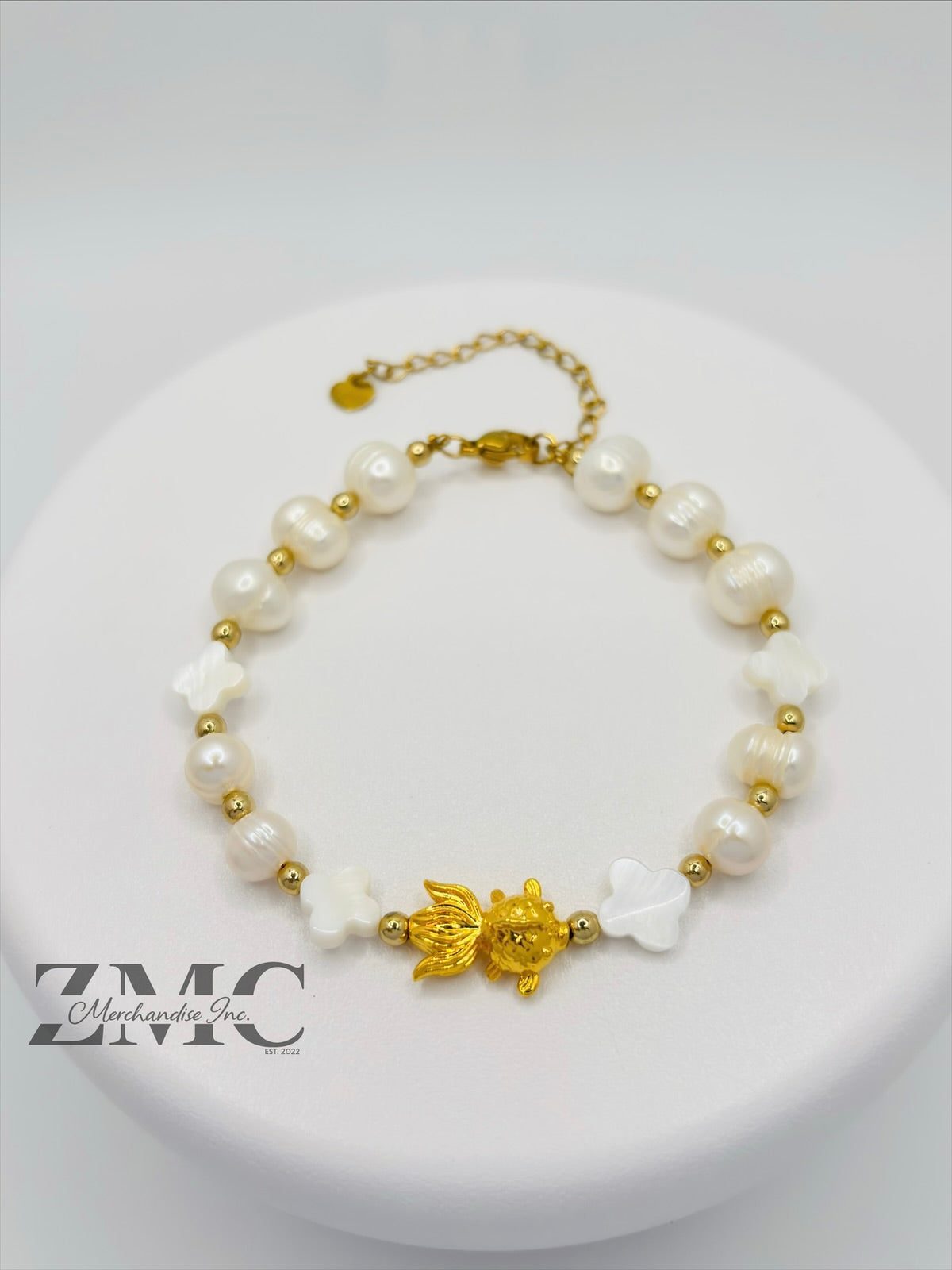 18K Gold Lucky Koi Fish Bracelet Fresh Water Pearl Stone ( Hollow Empty Inside)