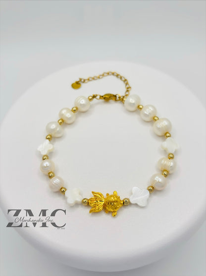 18K Gold Lucky Koi Fish Bracelet Fresh Water Pearl Stone ( Hollow Empty Inside)