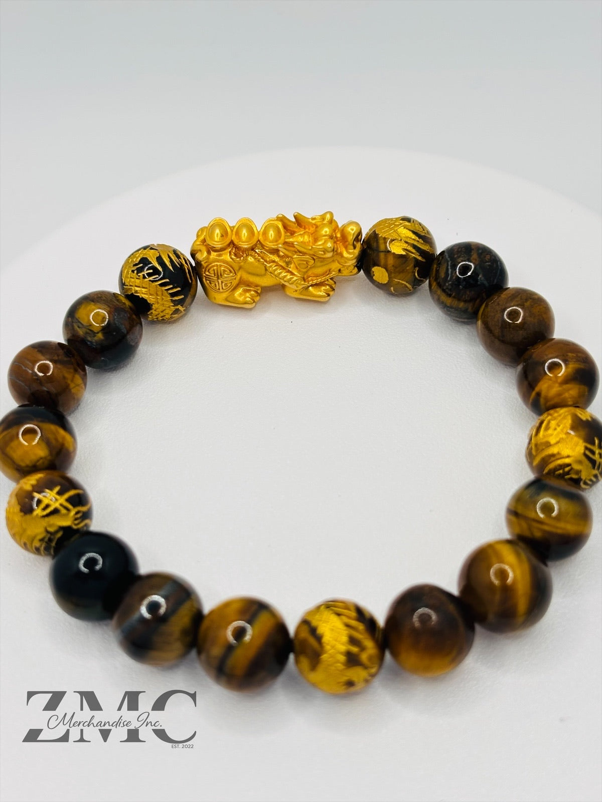 18K Gold Lucky Piyao/ Pi Xiu  Bracelet Tiger Eye Dragon Stone( Hollow Empty Inside) Extra Large Matte