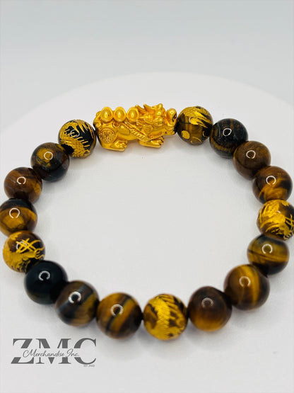 18K Gold Lucky Piyao/ Pi Xiu  Bracelet Tiger Eye Dragon Stone( Hollow Empty Inside) Extra Large Matte