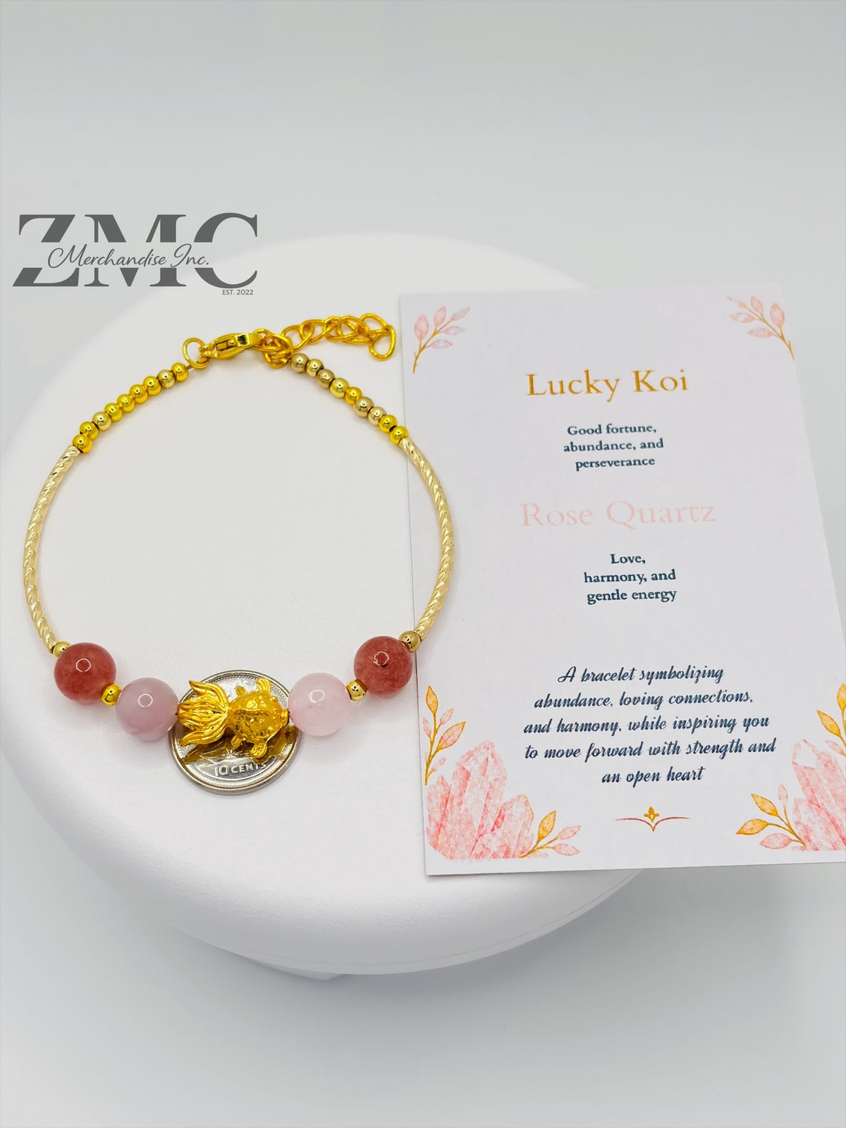 18K Gold Lucky Koi Fish Bracelet Rose Quartz Stone ( Hollow Empty Inside)