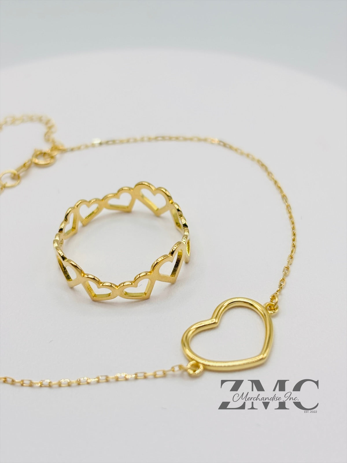 18K Gold Open Heart Ring and Bracelet Set