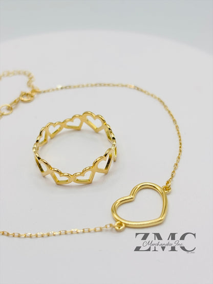 18K Gold Open Heart Ring and Bracelet Set