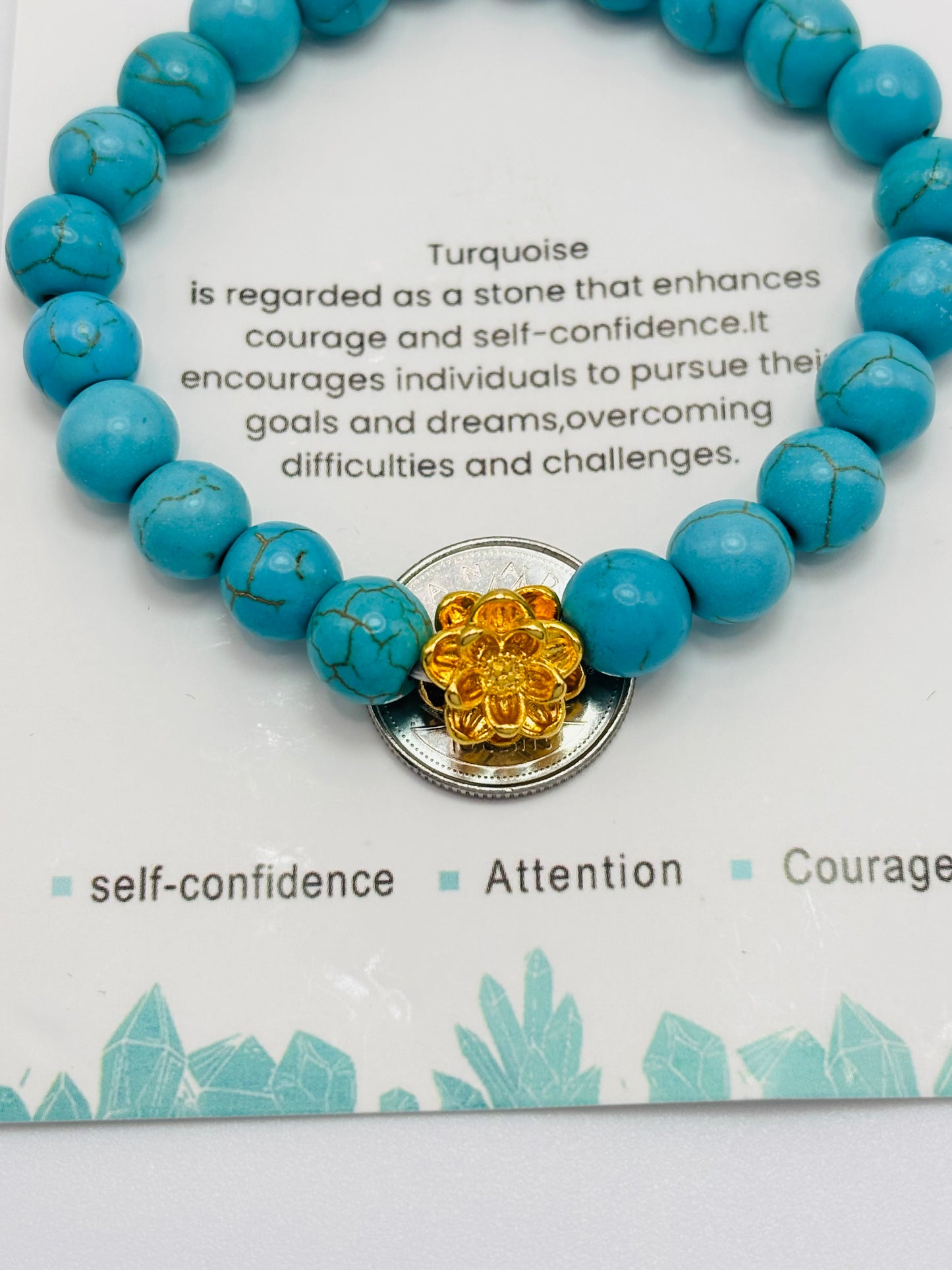 18K Gold Lucky Lotus Flower Bracelet Turquoise Stone ( Hollow Empty Inside)