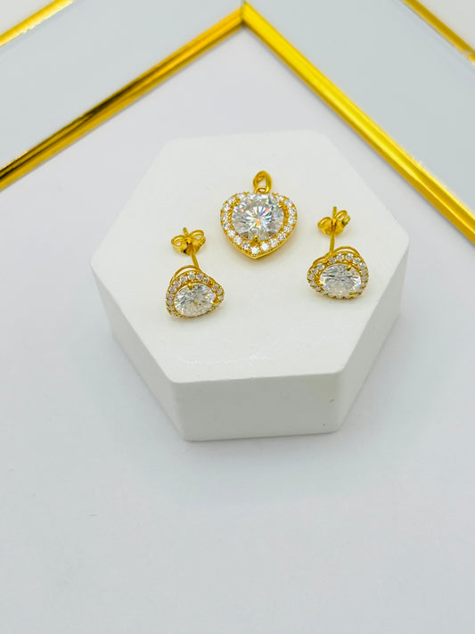 18K Gold Heart Earrings and Pendant Set Moissanite Diamond