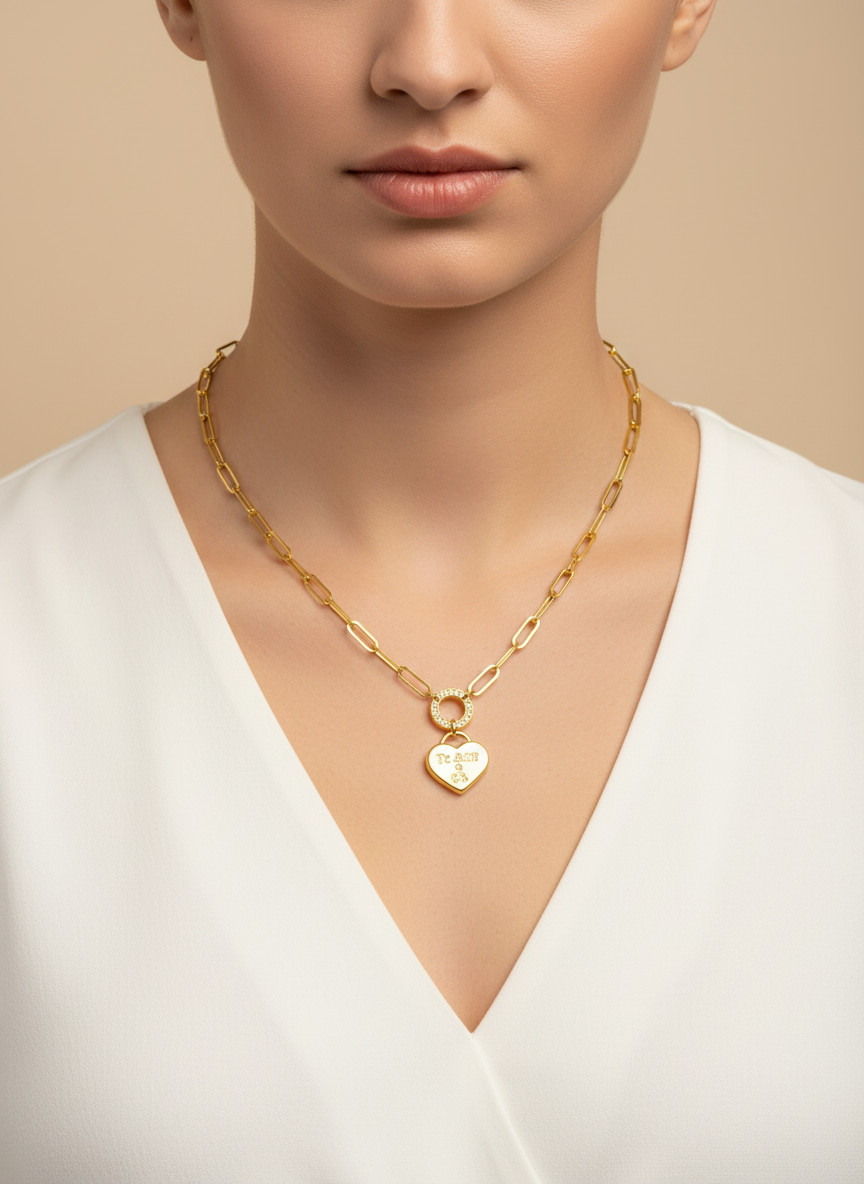 18K Gold Paperclip Attached Heart Necklace