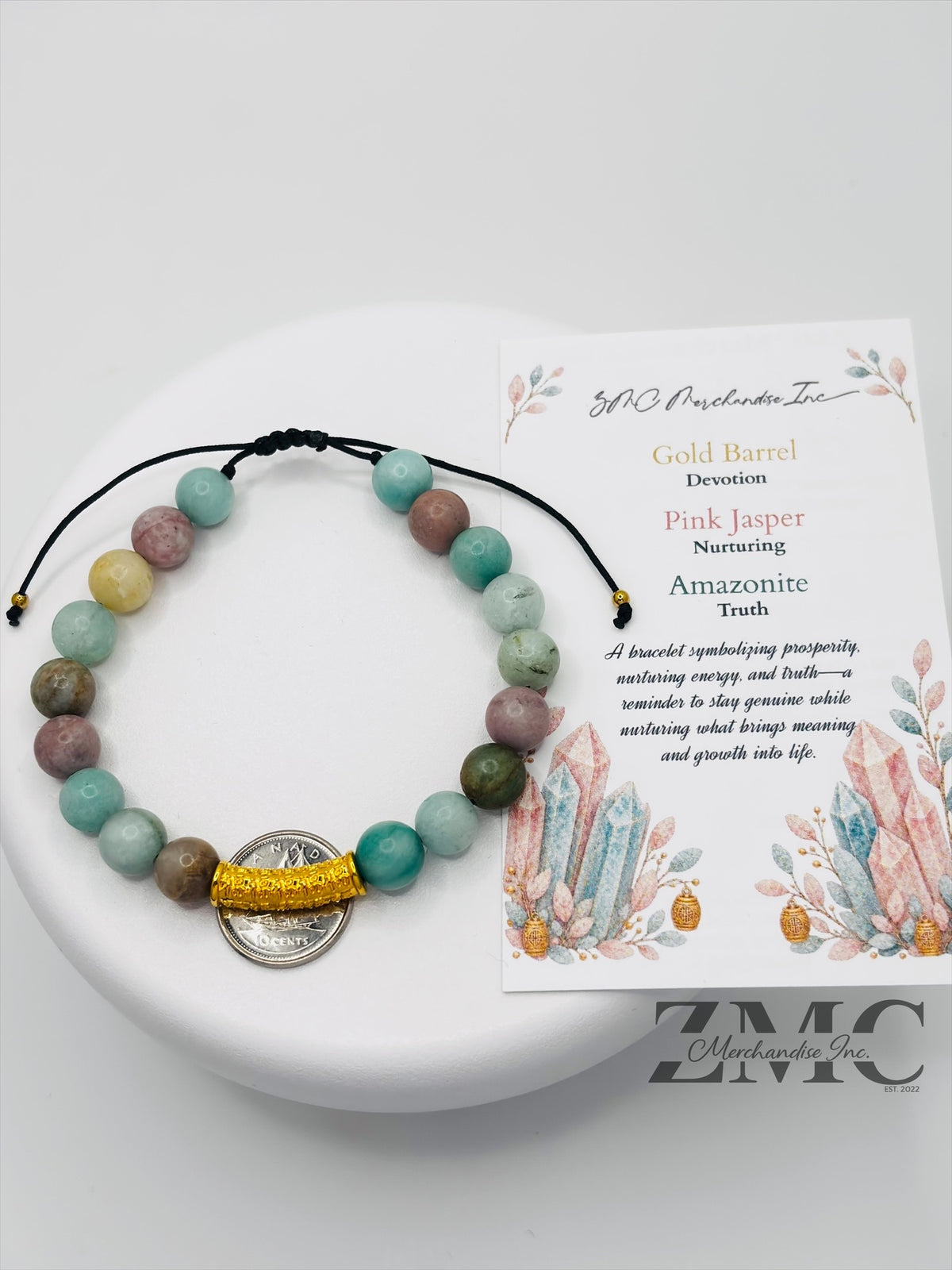18K Gold  Lucky Baifu Tube Pink Jasper, Amazonite Bracelet  ( Hollow Empty Inside)