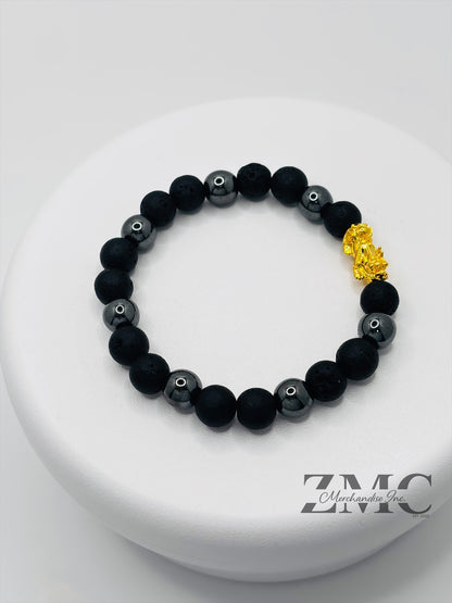 18K Gold Lucky Piyao/ Pi Xiu Blue Lava, Hematite Bracelet ( Hollow Empty Inside) Medium