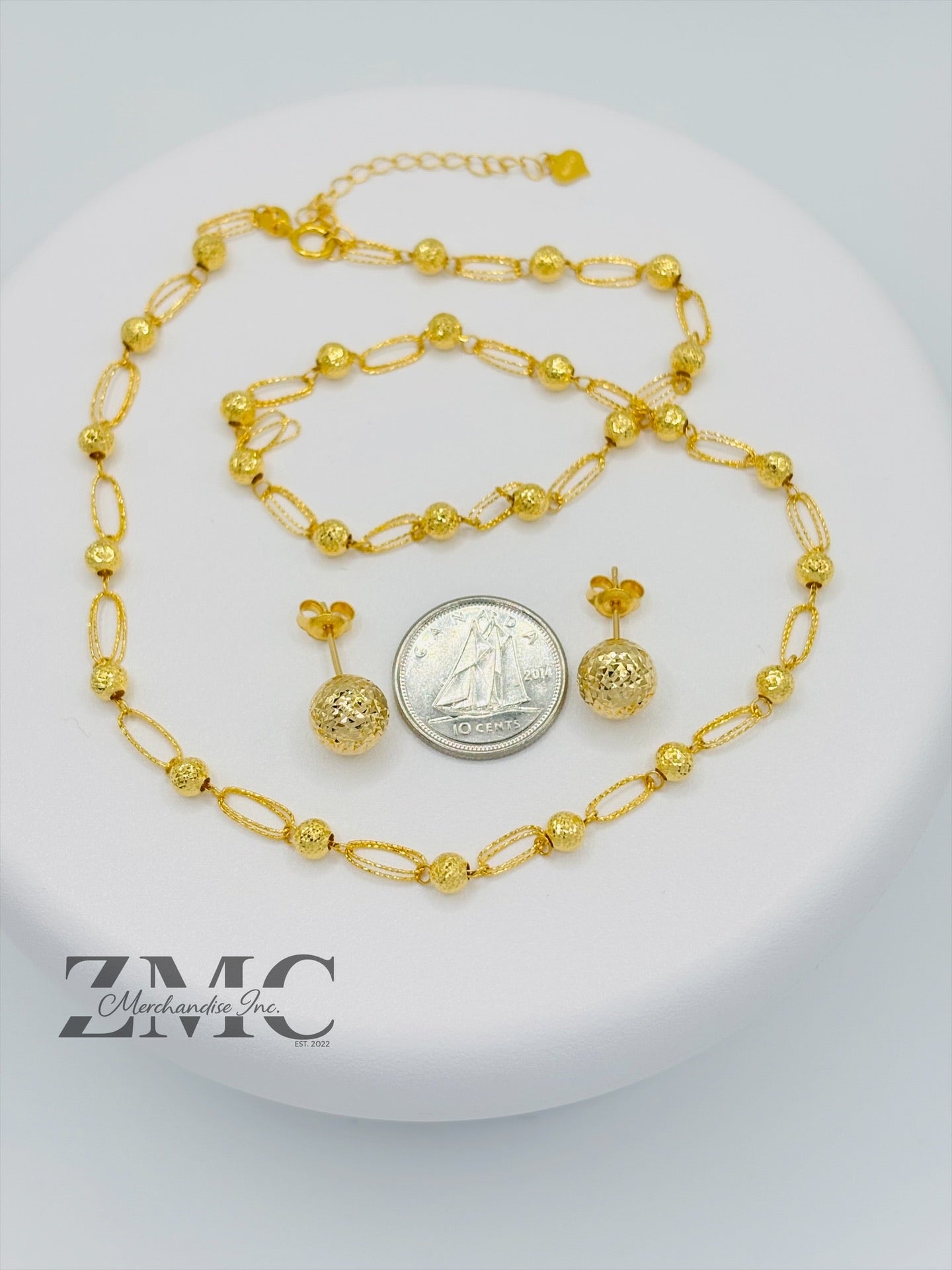 18K Gold Diamond Cut Ball Earrings and Necklace Set