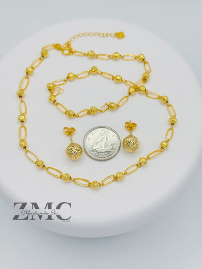 18K Gold Diamond Cut Ball Earrings and Necklace Set
