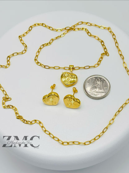 18K Gold Heart Earrings and Paperclip Necklace Set