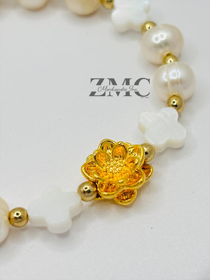 18K Gold Lucky Lotus Flower Bracelet Fresh Water Pearl Stone ( Hollow Empty Inside)