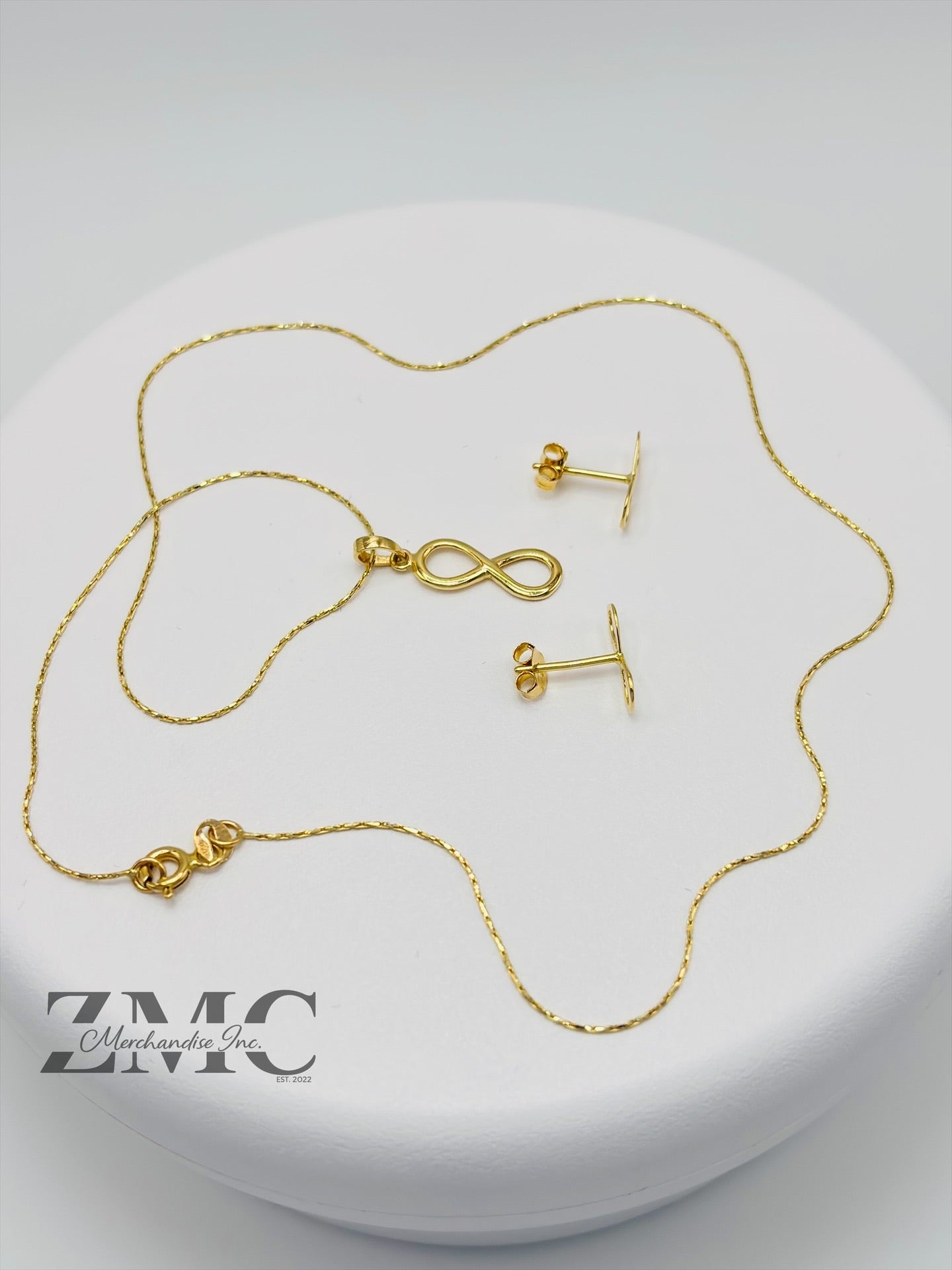 18K Gold Infinity Earrings and Necklace Set