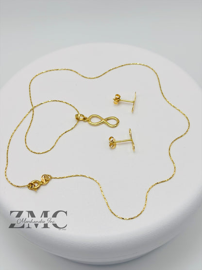 18K Gold Infinity Earrings and Necklace Set