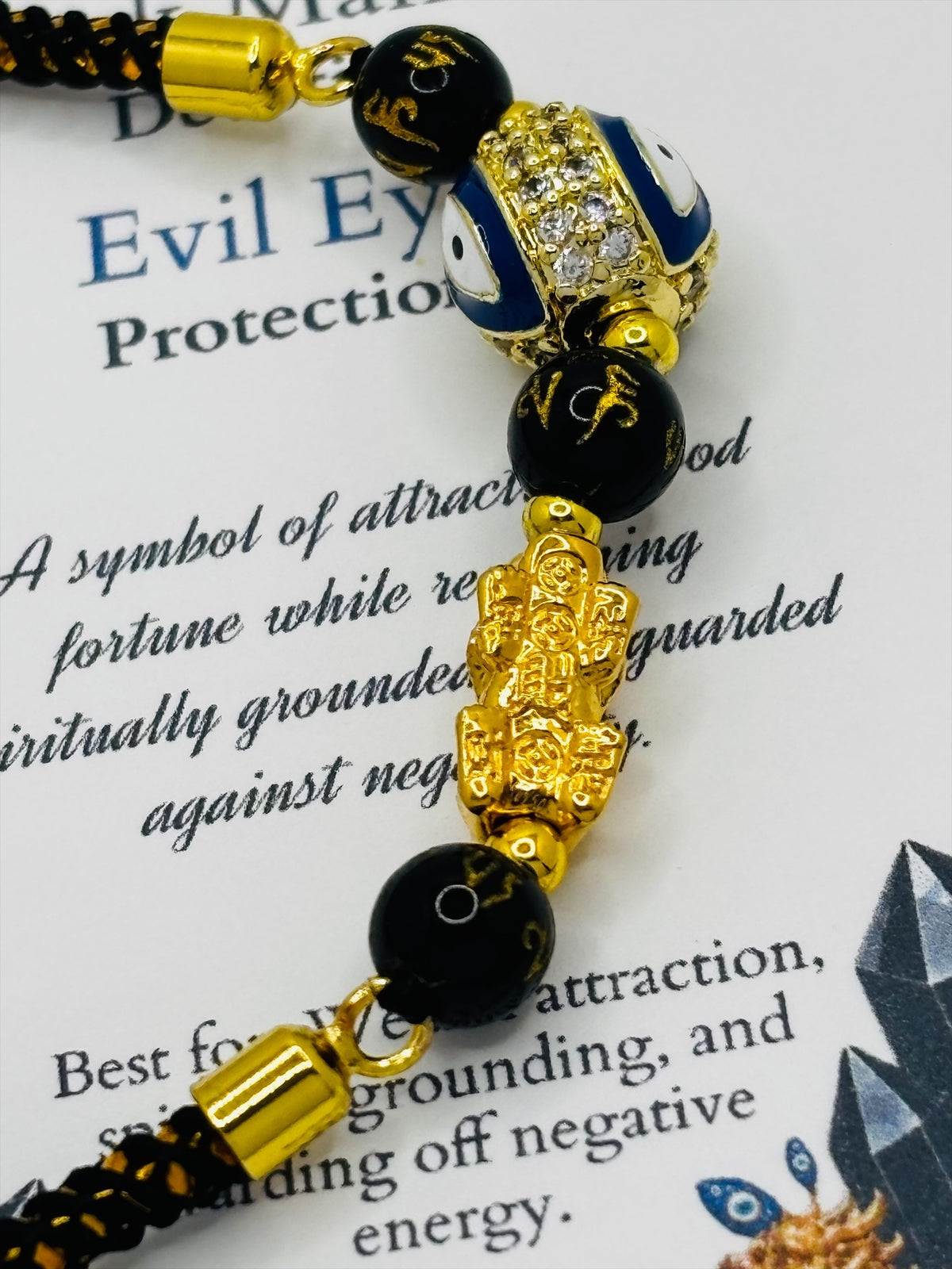 18K Gold Lucky Piyao/ Pi Xiu Evil Eye Black Mantra String Bracelet ( Hollow Empty Inside) Small