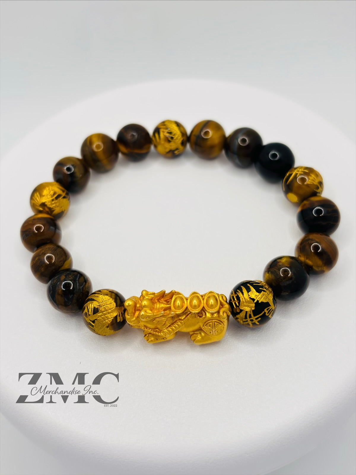 18K Gold Lucky Piyao/ Pi Xiu  Bracelet Tiger Eye Dragon Stone( Hollow Empty Inside) Extra Large Matte