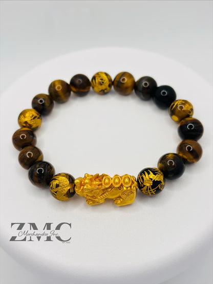 18K Gold Lucky Piyao/ Pi Xiu  Bracelet Tiger Eye Dragon Stone( Hollow Empty Inside) Extra Large Matte