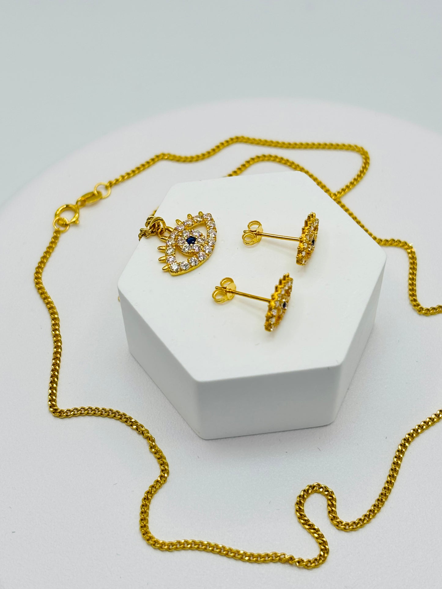 18K Gold Evil Eye Earrings and Necklace Set