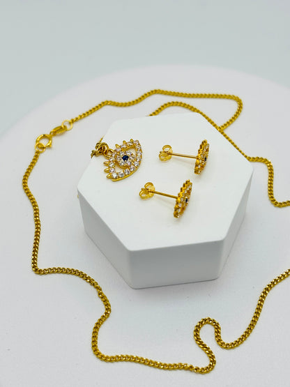 18K Gold Evil Eye Earrings and Necklace Set