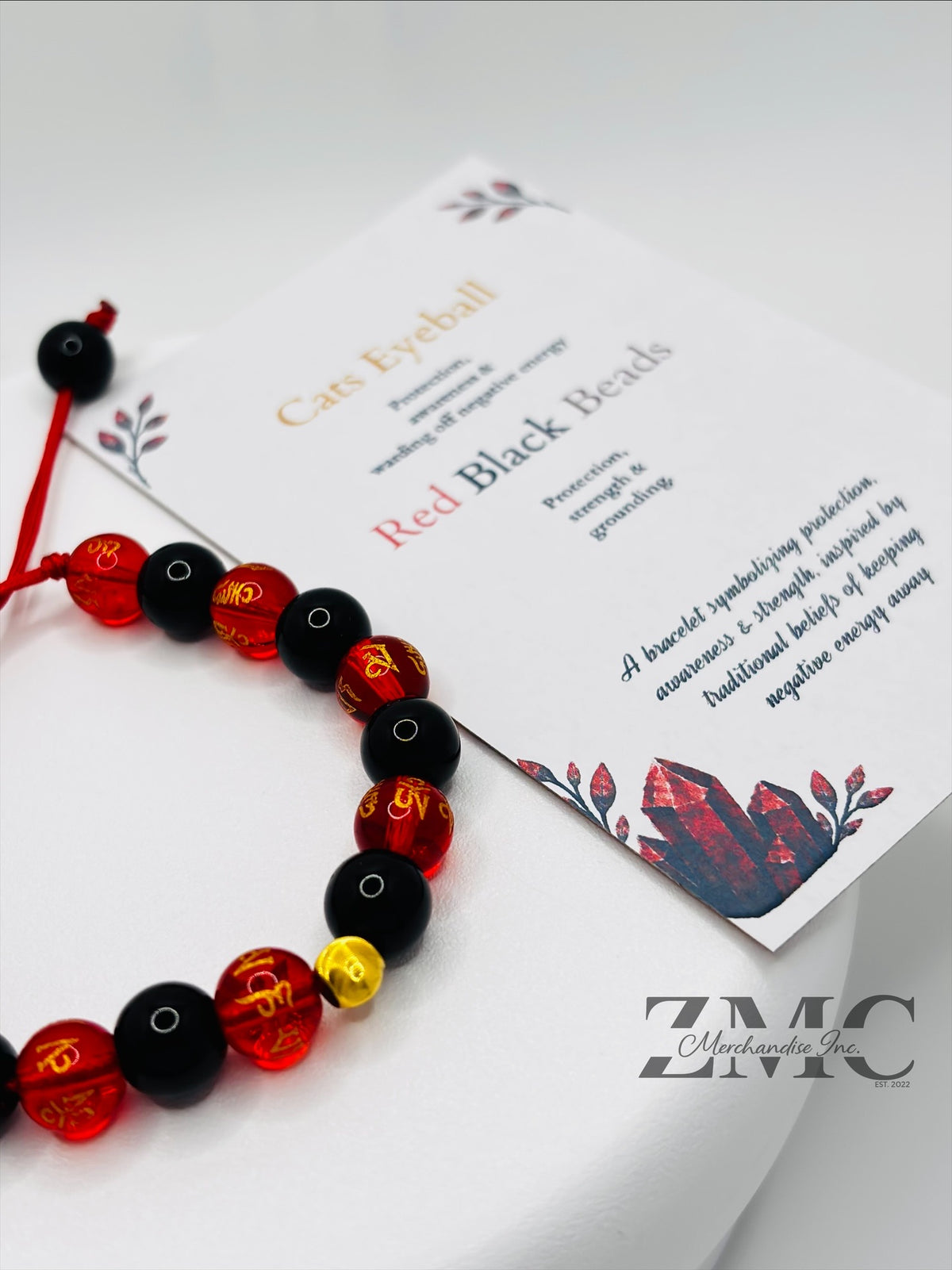 18K Gold Cats Eye Ball Baby/Kids Red Chinese & Black Stone Bracelet