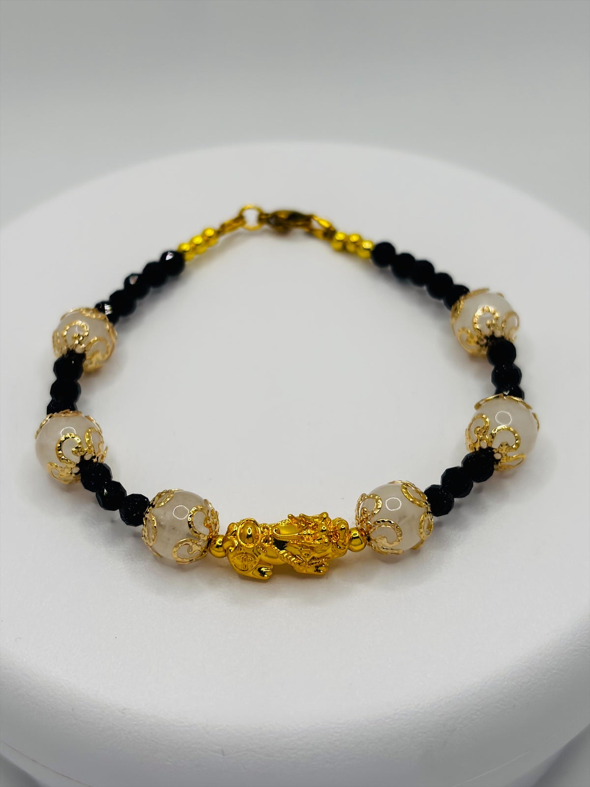18K Gold Lucky Piyao/ Pi Xiu White Quartz, Lapis Lazuli Bracelet ( Hollow Empty Inside) Medium