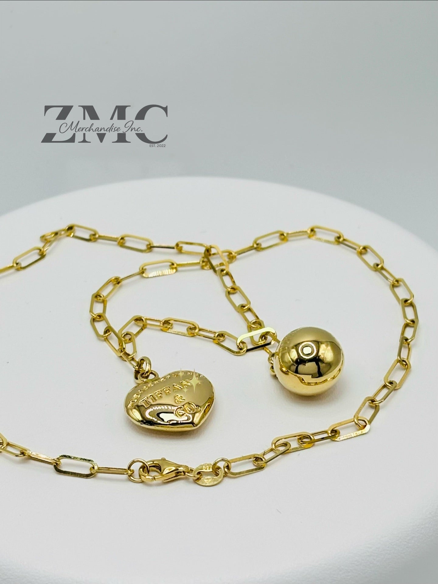 18K Gold Paperclip with Heart and Ball Charm Necklace