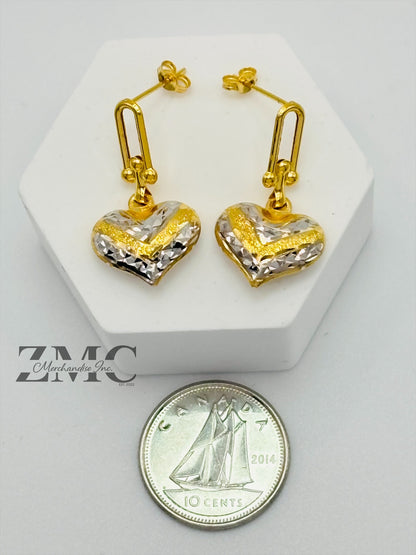 18K Gold Heart Dangling Two-tone Earrings