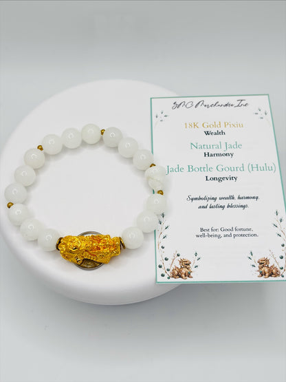 18K Gold Lucky Piyao/ Pi Xiu Bottle Gourd White Jade Bracelet( Hollow Empty Inside) XXL PIYAO