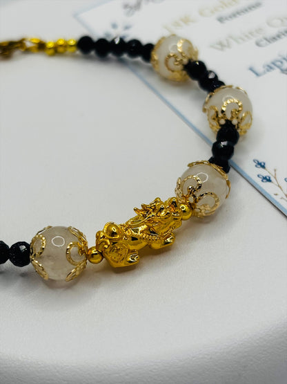 18K Gold Lucky Piyao/ Pi Xiu White Quartz, Lapis Lazuli Bracelet ( Hollow Empty Inside) Medium
