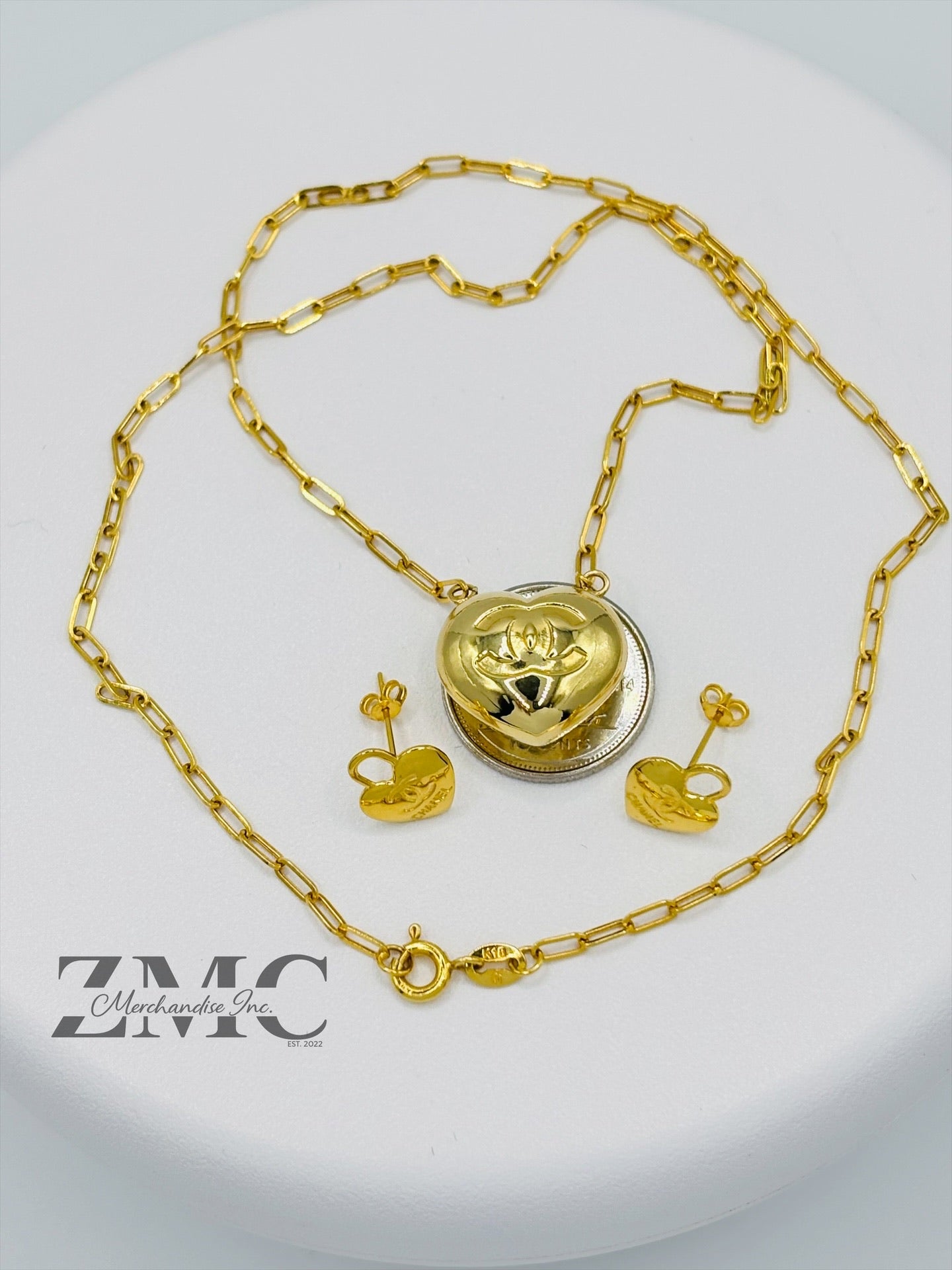18K Gold Paperclip C Heart Earrings and Necklace Set
