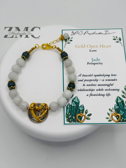 18K Gold Open Heart Jade Bracelet (Electroform Heart)