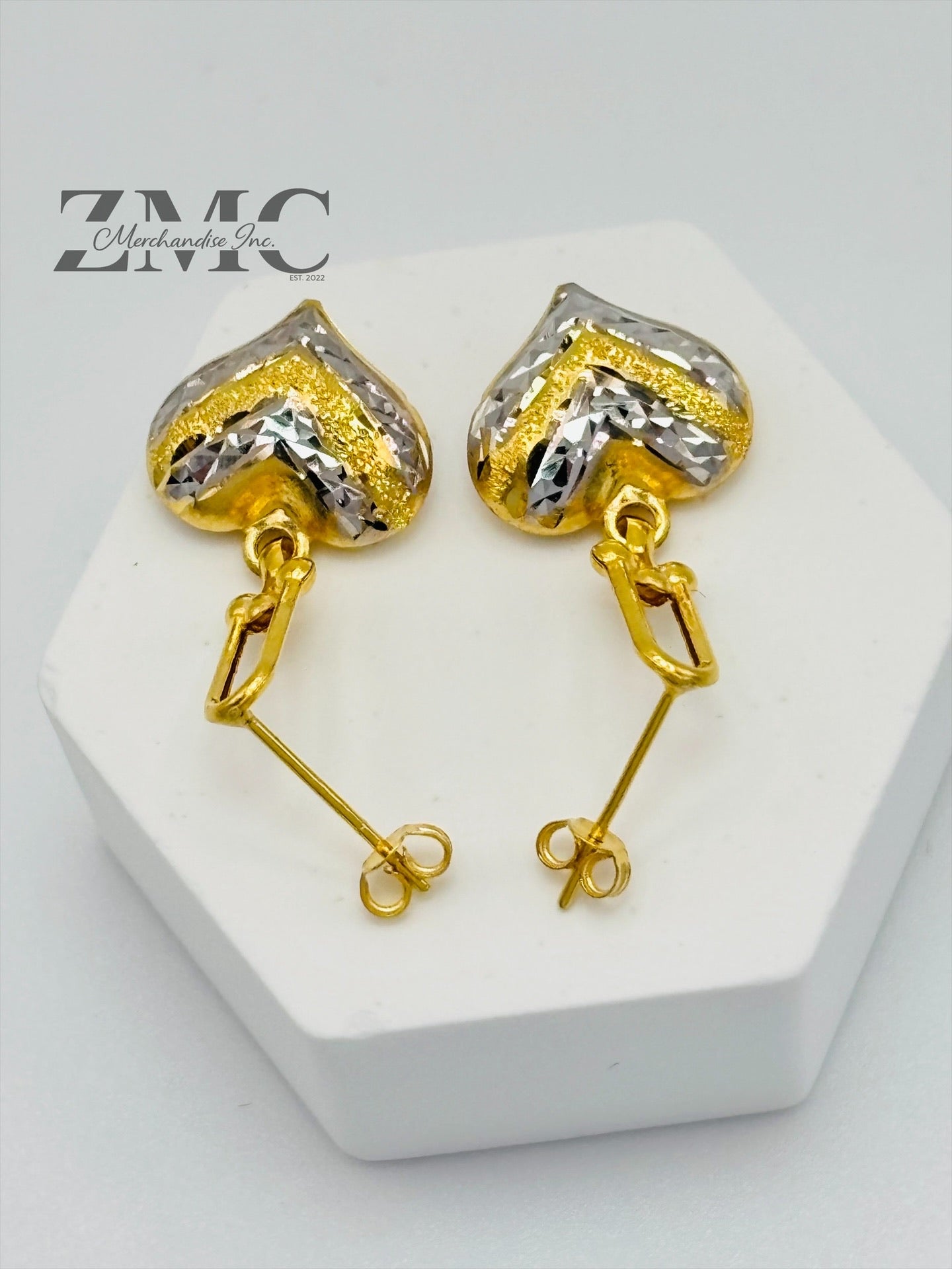 18K Gold Heart Dangling Two-tone Earrings