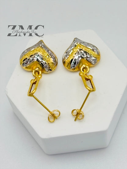 18K Gold Heart Dangling Two-tone Earrings