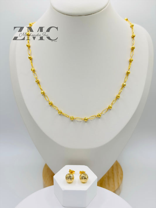 18K Gold Diamond Cut Ball Earrings and Necklace Set