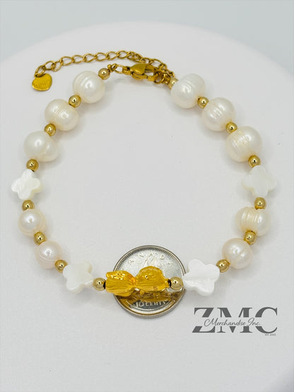 18K Gold Lucky Koi Fish Bracelet Fresh Water Pearl Stone ( Hollow Empty Inside)