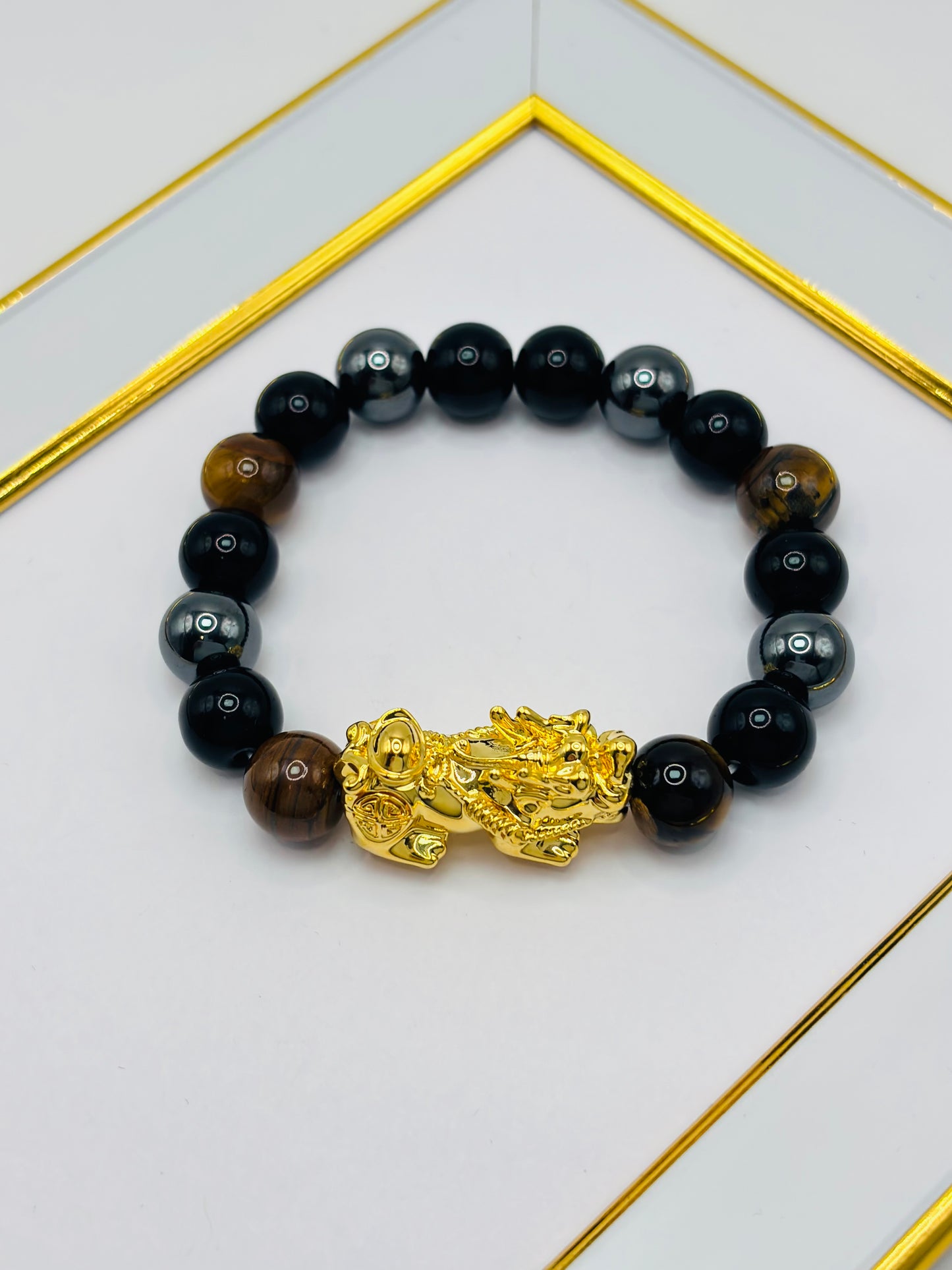 18K Gold  Lucky Piyao/ Pi Xiu Bracelet Tiger Eye ( Hollow Empty Inside) XXL