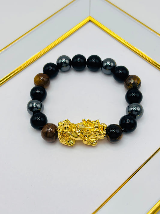 18K Gold  Lucky Piyao/ Pi Xiu Bracelet Tiger Eye ( Hollow Empty Inside) XXL