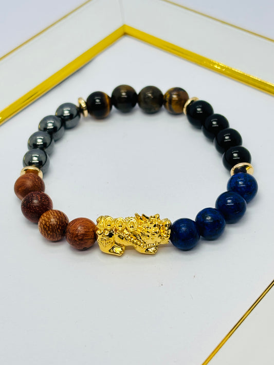 18K Gold  Lucky Piyao/ Pi Xiu Tiger Eye, Lapis Lazuli, Black Obsidian, Woods  ( Hollow Empty Inside) Large Size