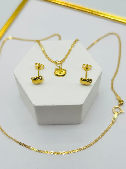 18K Gold Carpet Chain with HK Pendant and Earrings Kids Set