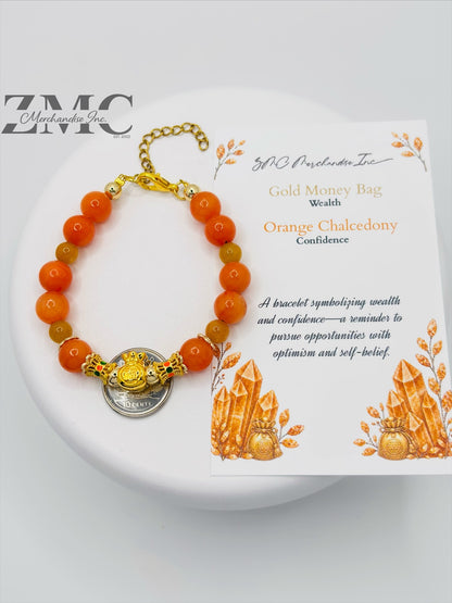 18K Gold  Lucky Money Bag Orange Chalcedony Bracelet  ( Hollow Empty Inside)