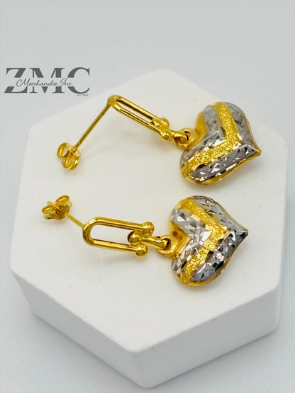18K Gold Heart Dangling Two-tone Earrings