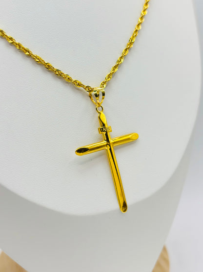 18K Gold Rope Chain with Cross Pendant Set