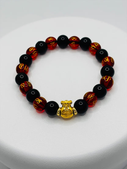 18K Gold  Lucky Money Bag Black/Red Mantra Bracelet  ( Hollow Empty Inside)