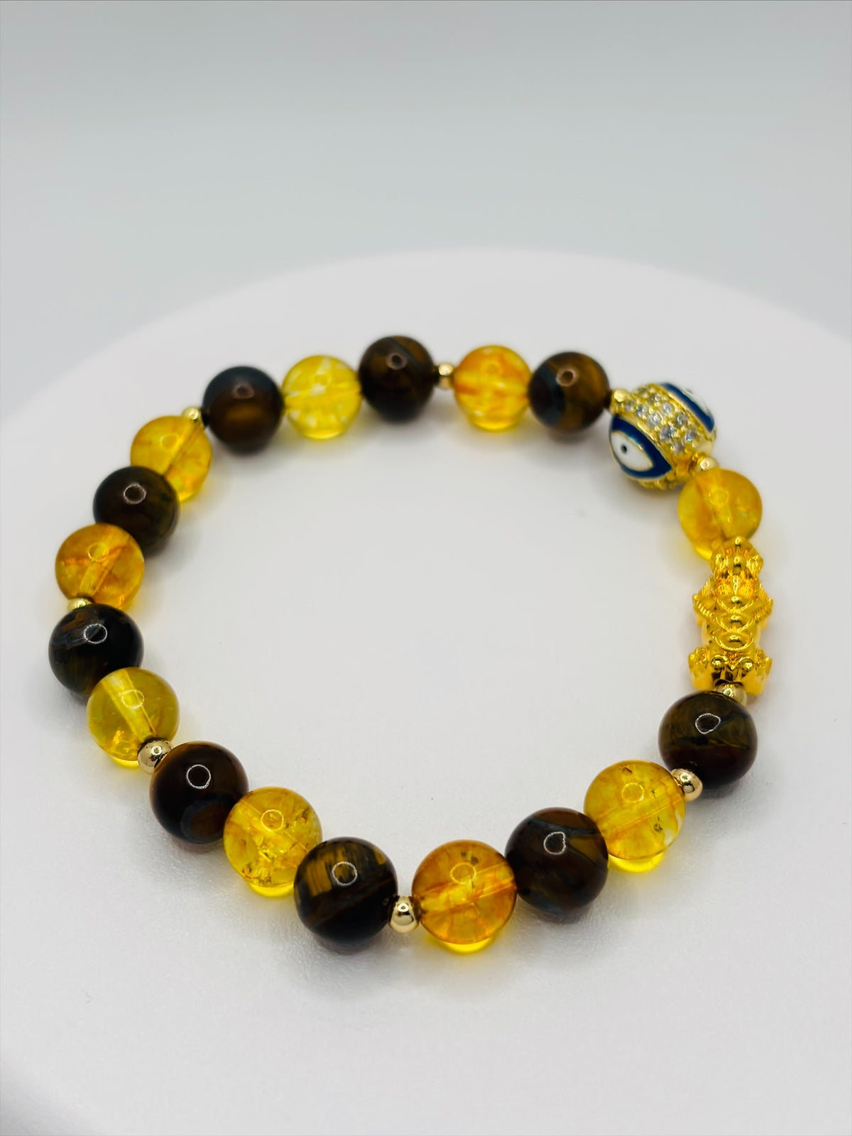 18K Gold Lucky Piyao/ Pi Xiu Tiger Eye Citrine Evil Eye Bracelet ( Hollow Empty Inside) Medium