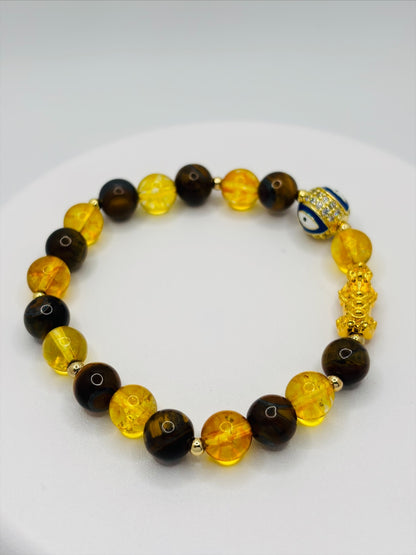 18K Gold Lucky Piyao/ Pi Xiu Tiger Eye Citrine Evil Eye Bracelet ( Hollow Empty Inside) Medium