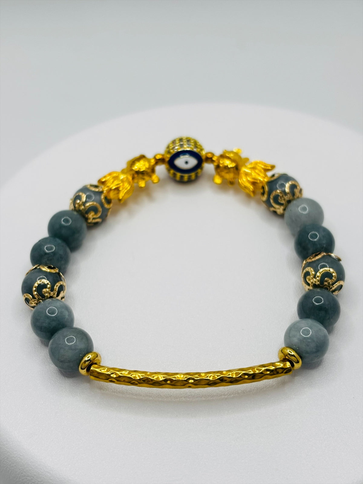 18K Gold Lucky Double Koi Fish Burmese Green Jasper Bracelet  ( Hollow Empty Inside)