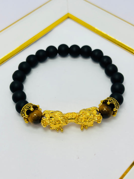 18K Gold  Lucky Dragon Bracelet Tiger Eye, Black Obsidian Stone  ( Hollow Empty Inside) XXL