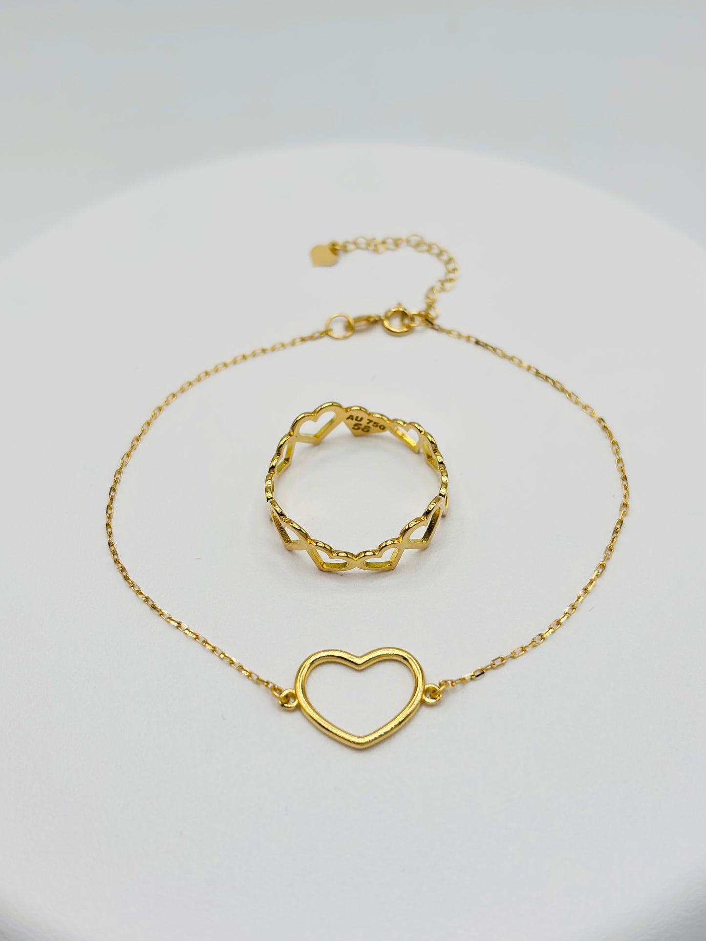 18K Gold Open Heart Ring and Bracelet Set