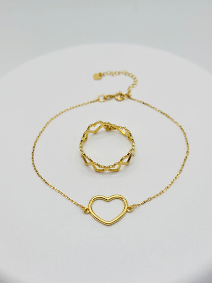 18K Gold Open Heart Ring and Bracelet Set