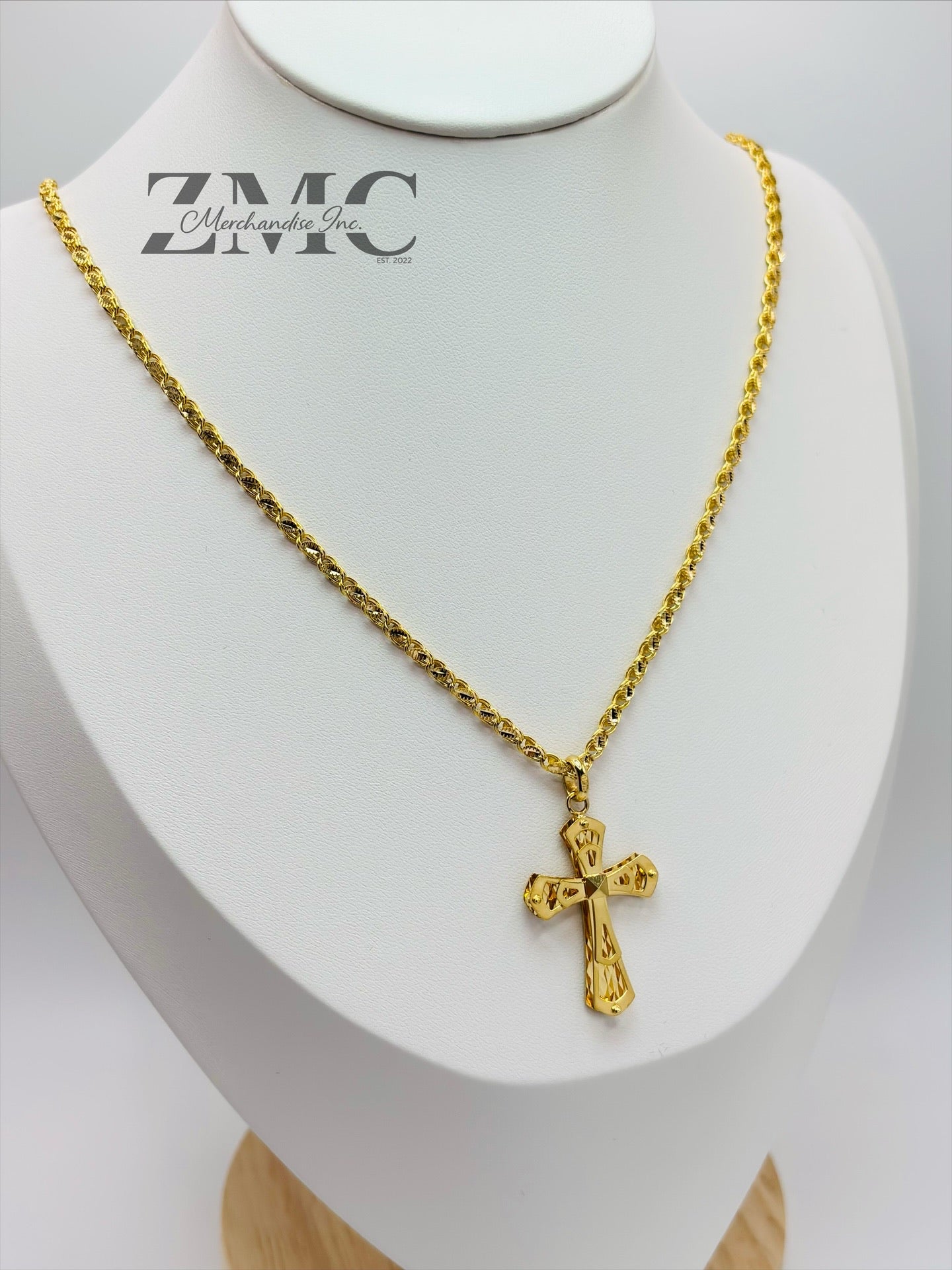 18K Gold Slim Damascus Cross Necklace